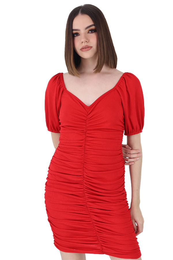 Vestido Rojo Corto Ceñido Al Cuerpo Corrugado Con Escote En V