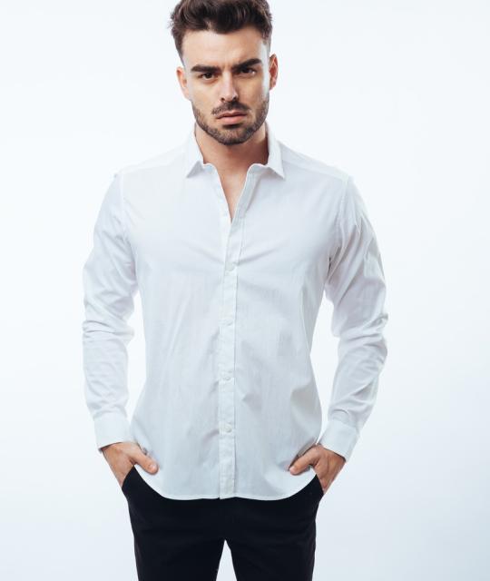 Camisa Manga Larga Blanco Slim Fit Cuello Italiano Para Hombre