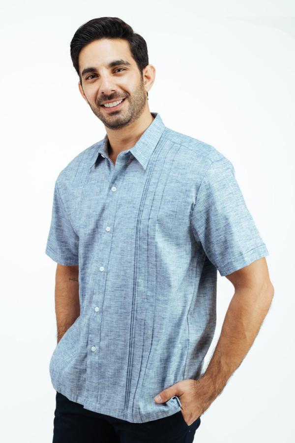 Camisa Tipo Guayabera Azul Marino Manga Corta Look Lino Para Caballero