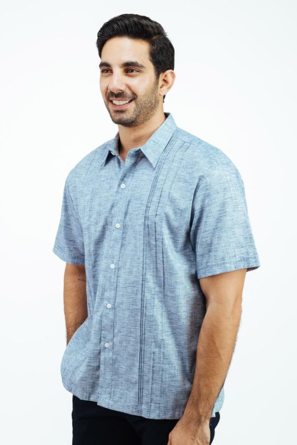 Camisa Tipo Guayabera Azul Marino Manga Corta Look Lino Para Caballero