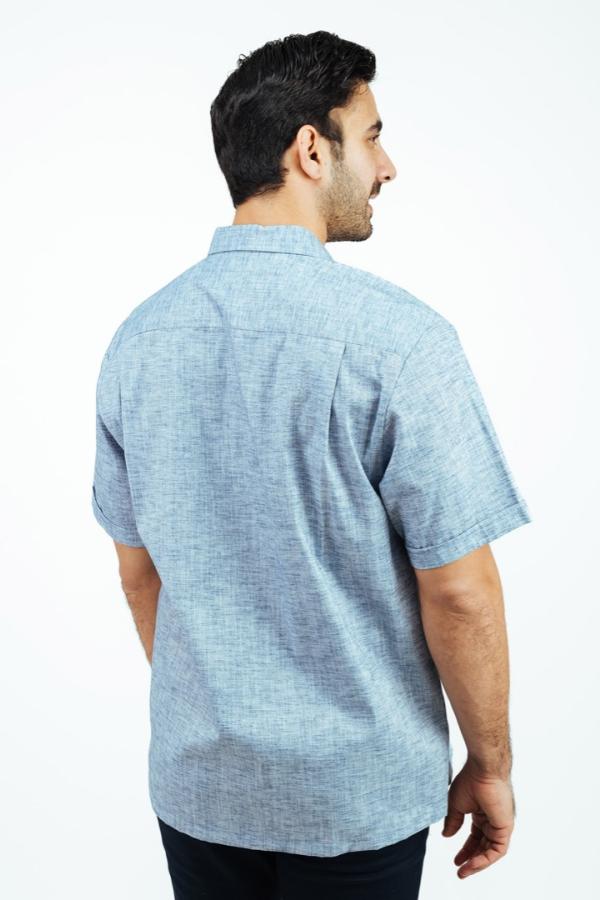 Camisa Tipo Guayabera Azul Marino Manga Corta Look Lino Para Caballero