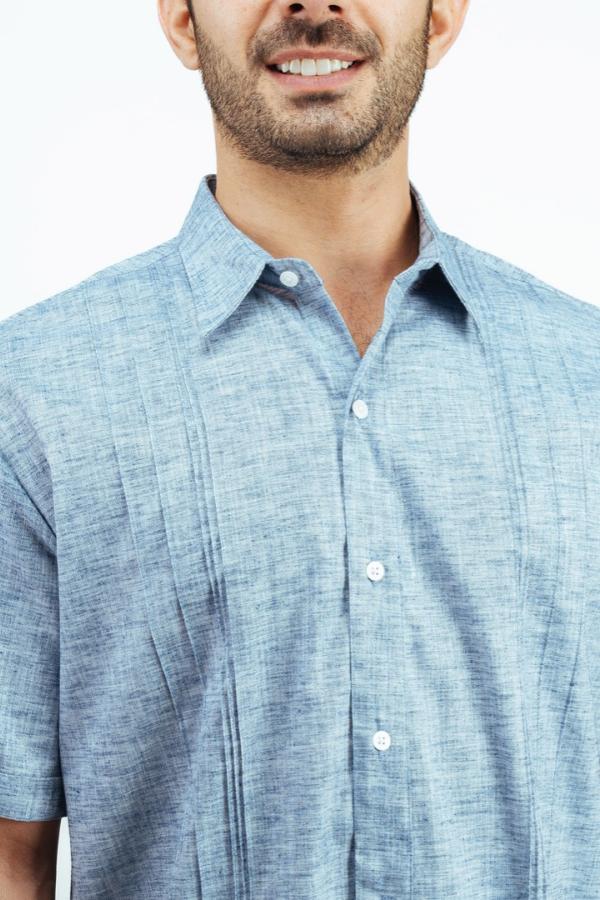 Camisa Tipo Guayabera Azul Marino Manga Corta Look Lino Para Caballero
