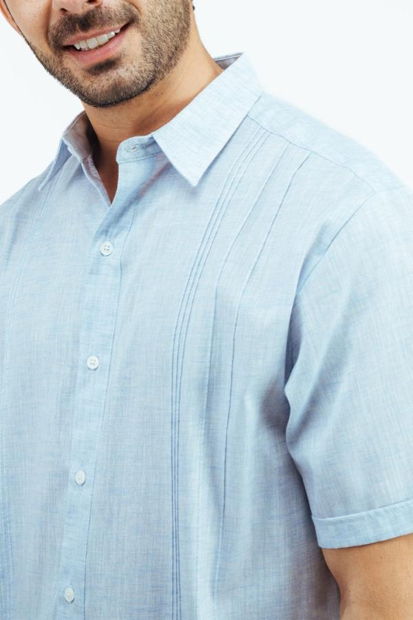 Camisa Tipo Guayabera Azul Jaspe Manga Corta Con Alforzas Para Hombre