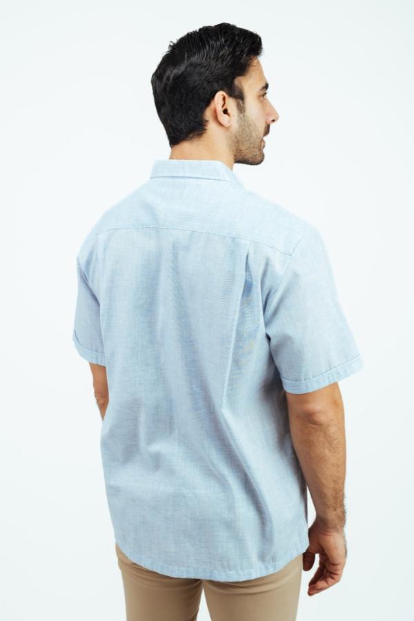 Camisa Tipo Guayabera Azul Jaspe Manga Corta Con Alforzas Para Hombre